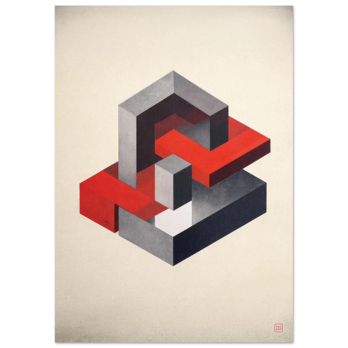 Full view of A Brutally Crimson Paradox artwork, with an impossible red and grey geometric structure on cream.