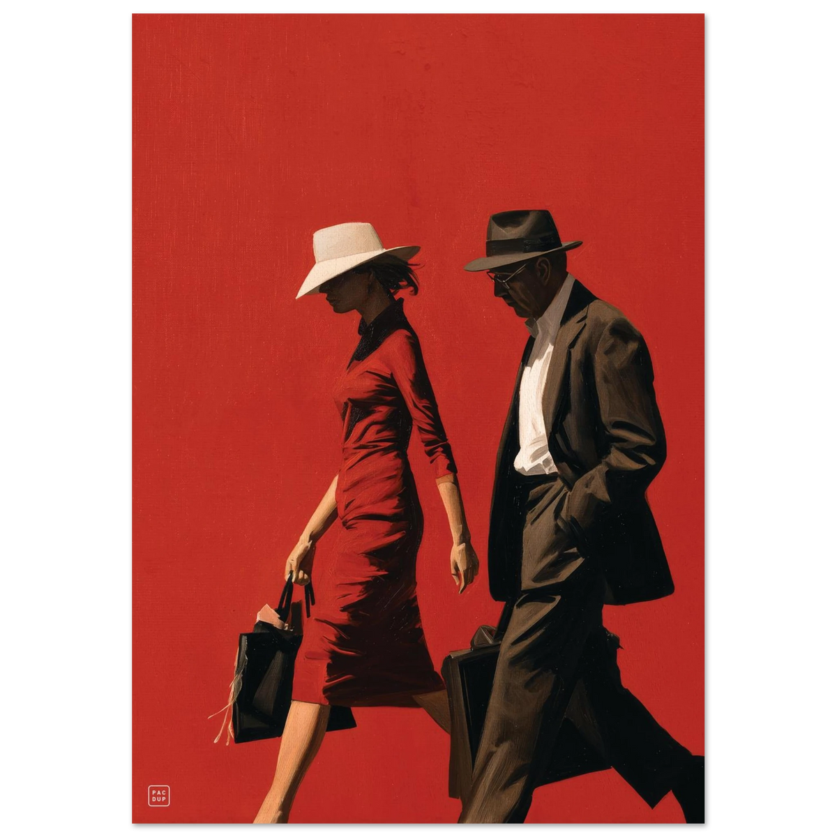 Full view of Let’s Do Business artwork showing a woman in a red dress carrying a handbag beside a man in a dark suit.