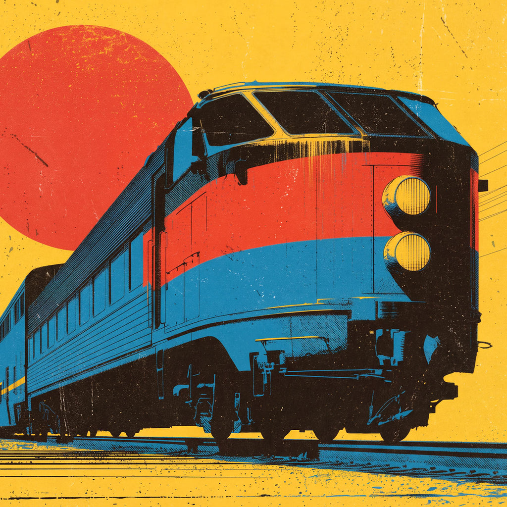 Close-up of The Tin Lizard artwork showing a blue and red locomotive, yellow headlights and distressed texture.