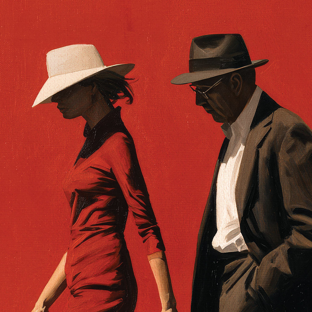 Close-up of Let’s Do Business artwork showing a woman in a cream hat and a man in a dark fedora against red.
