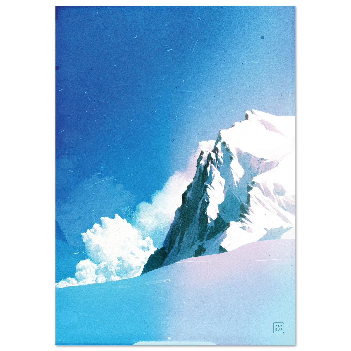 Full view of Avalanche artwork showing a snow-covered mountain peak, sweeping foreground slope and snow cloud beneath blue sky.