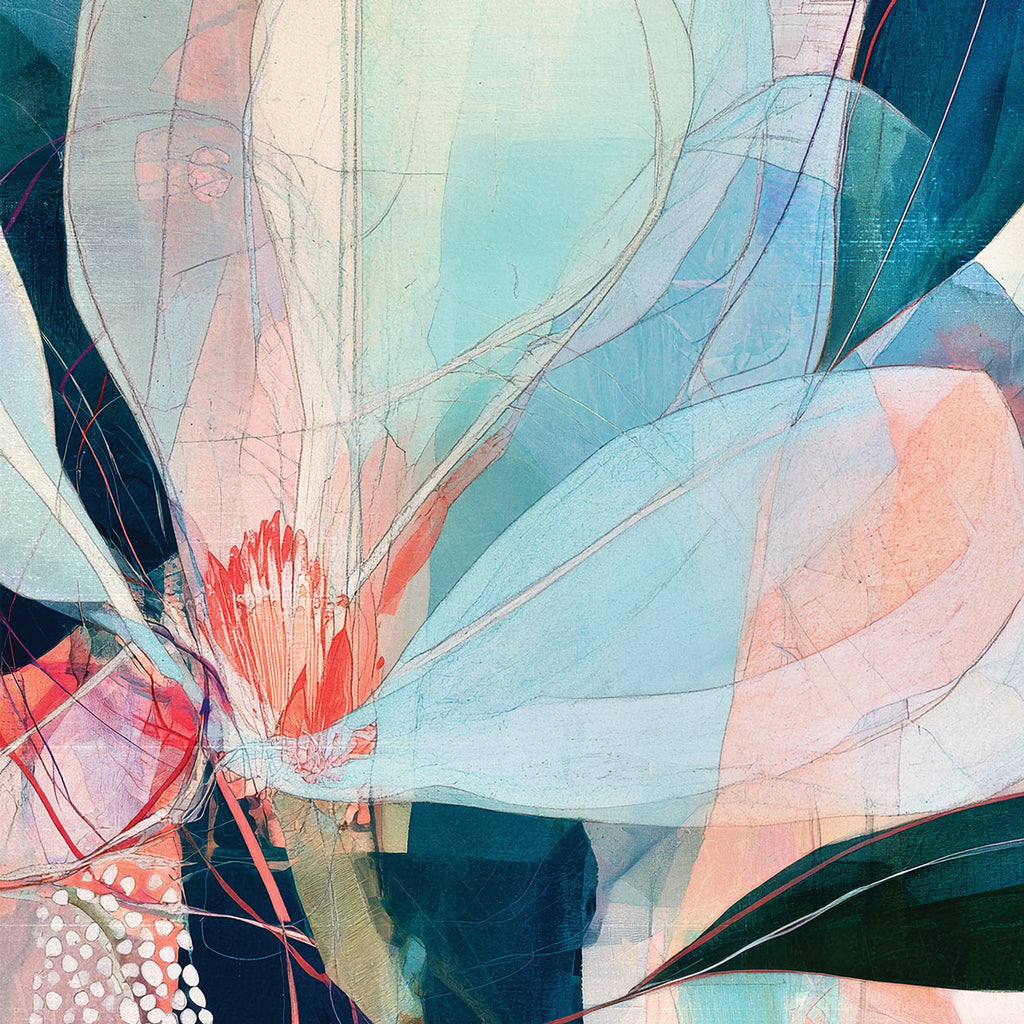 Close-up of pastel blue and pink petals, a coral flower centre and fine sketch lines in Blooming Flowers.