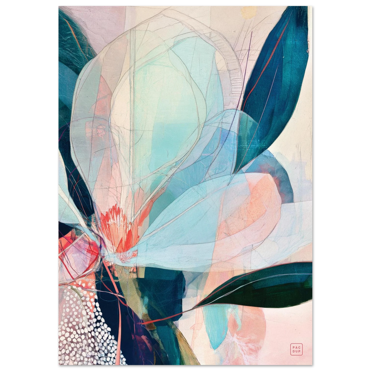 Full view of Blooming Flowers artwork, with oversized pastel petals, dark teal leaves and layered textures.