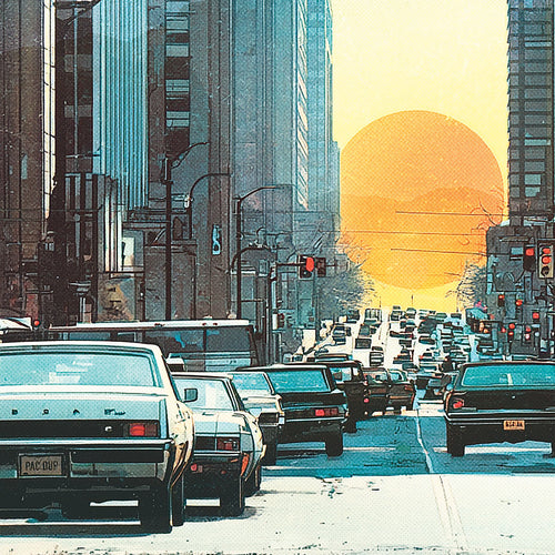 Close-up of vintage cars, traffic lights and textured city buildings beneath a large orange sun.
