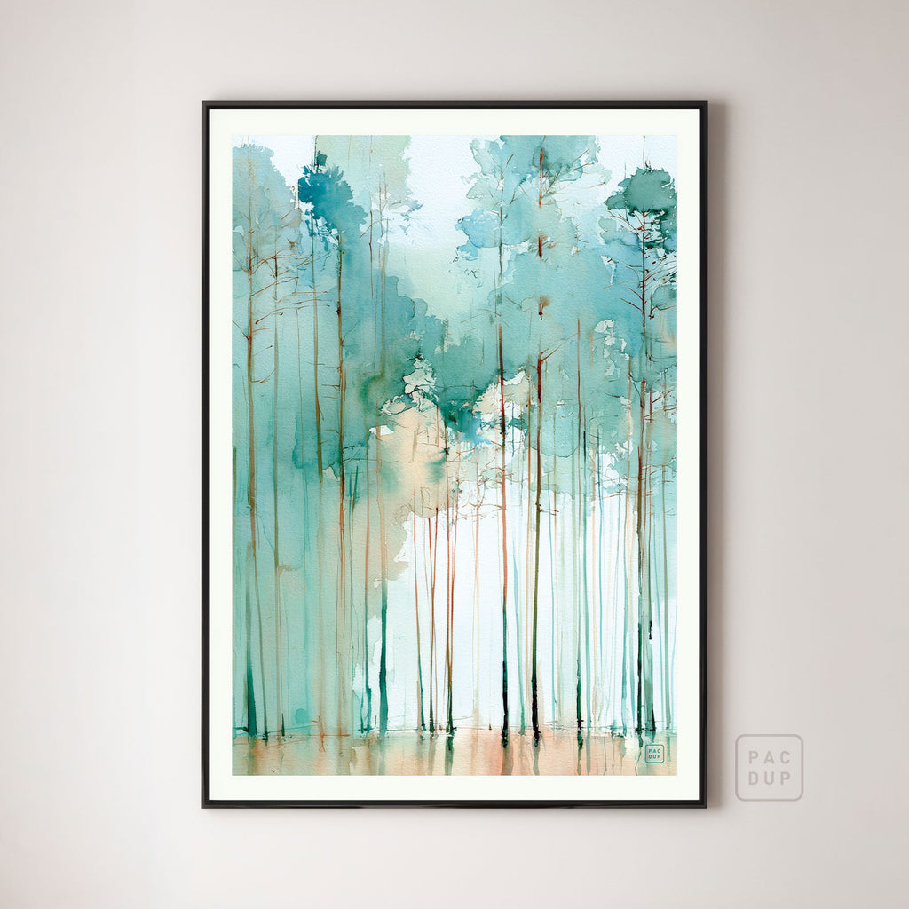 Abstract woodland art print with slender trunks and soft teal foliage, displayed in a black frame.