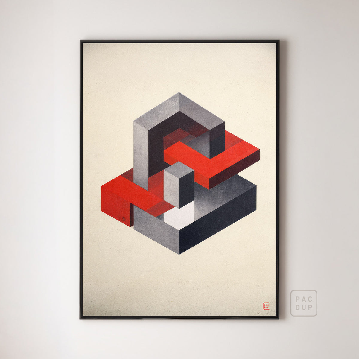Art print of interlocking red and grey geometric blocks on cream, displayed in a black frame.