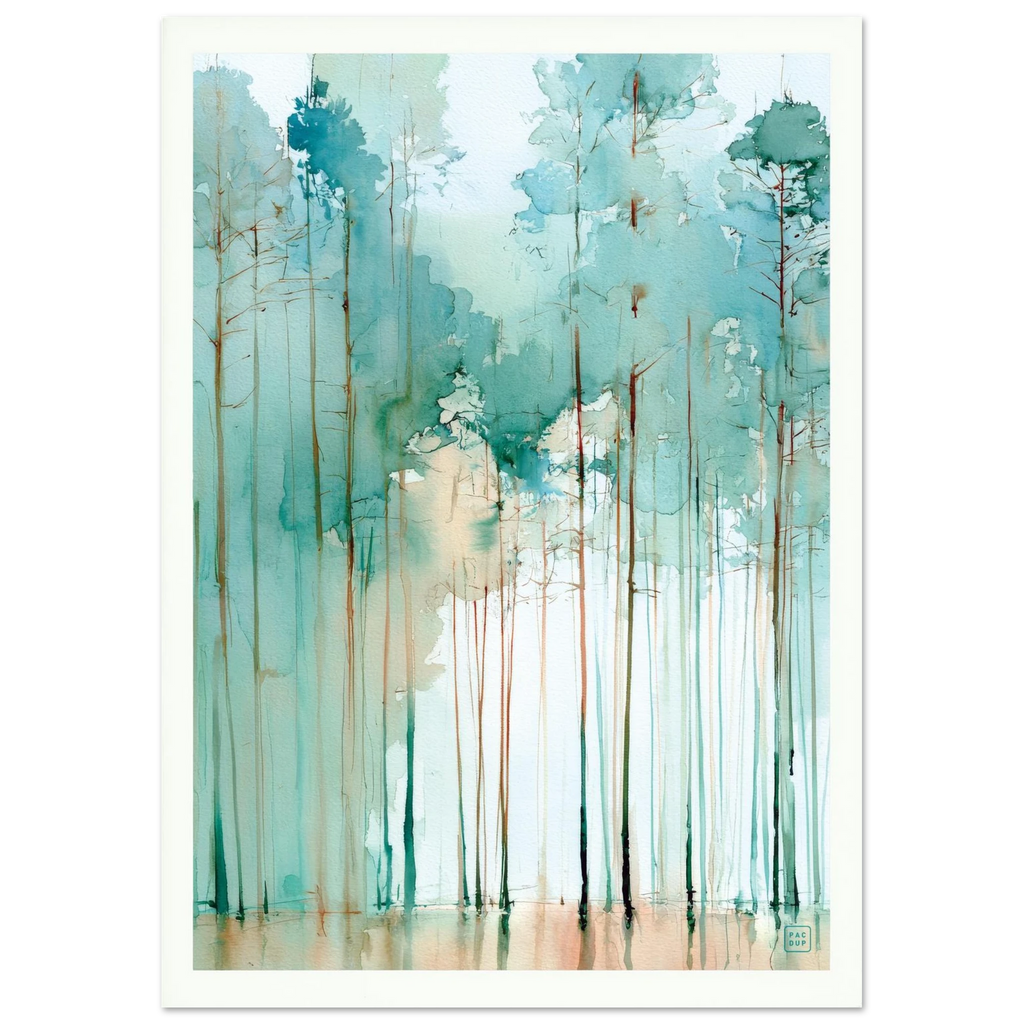 Full woodland artwork with tall, slender trees, misty teal foliage and pale reflections along the ground.
