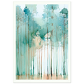 Full woodland artwork with tall, slender trees, misty teal foliage and pale reflections along the ground.