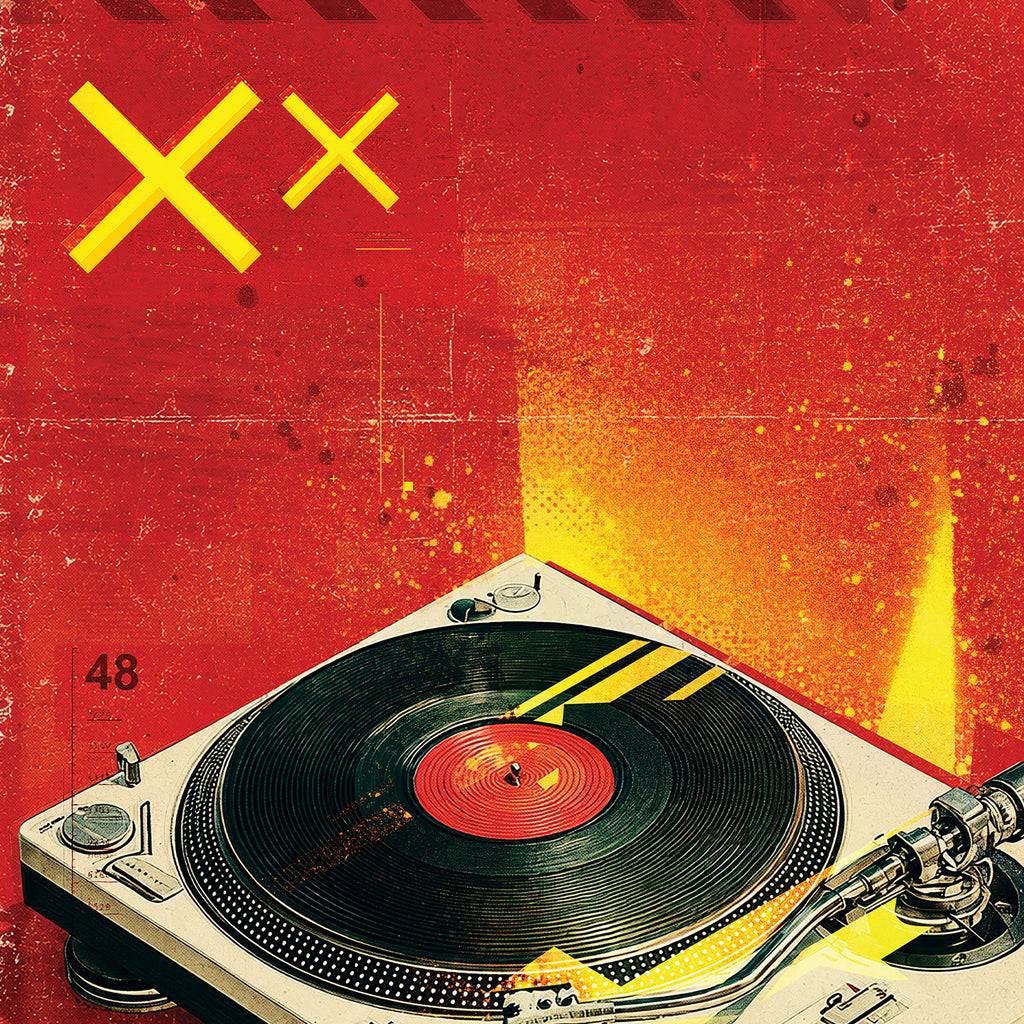 Close-up of a black vinyl record and turntable tonearm against a distressed red background with yellow accents.