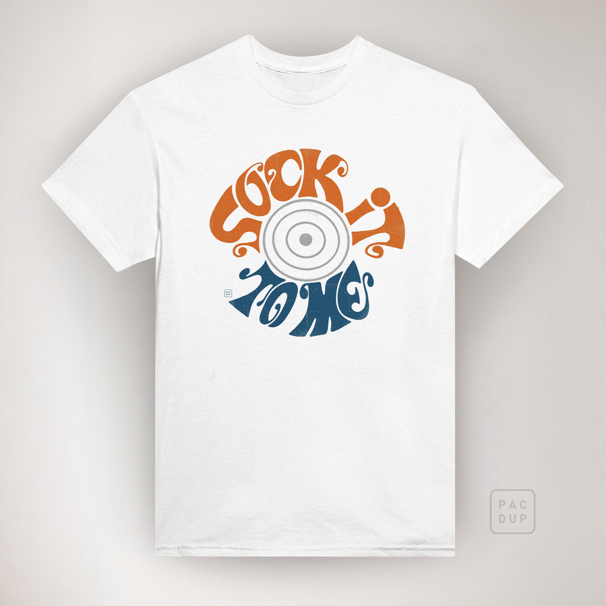 White Fight Club-inspired T-shirt with orange and dark blue “Sock It To Me” lettering around a grey target graphic, front view.