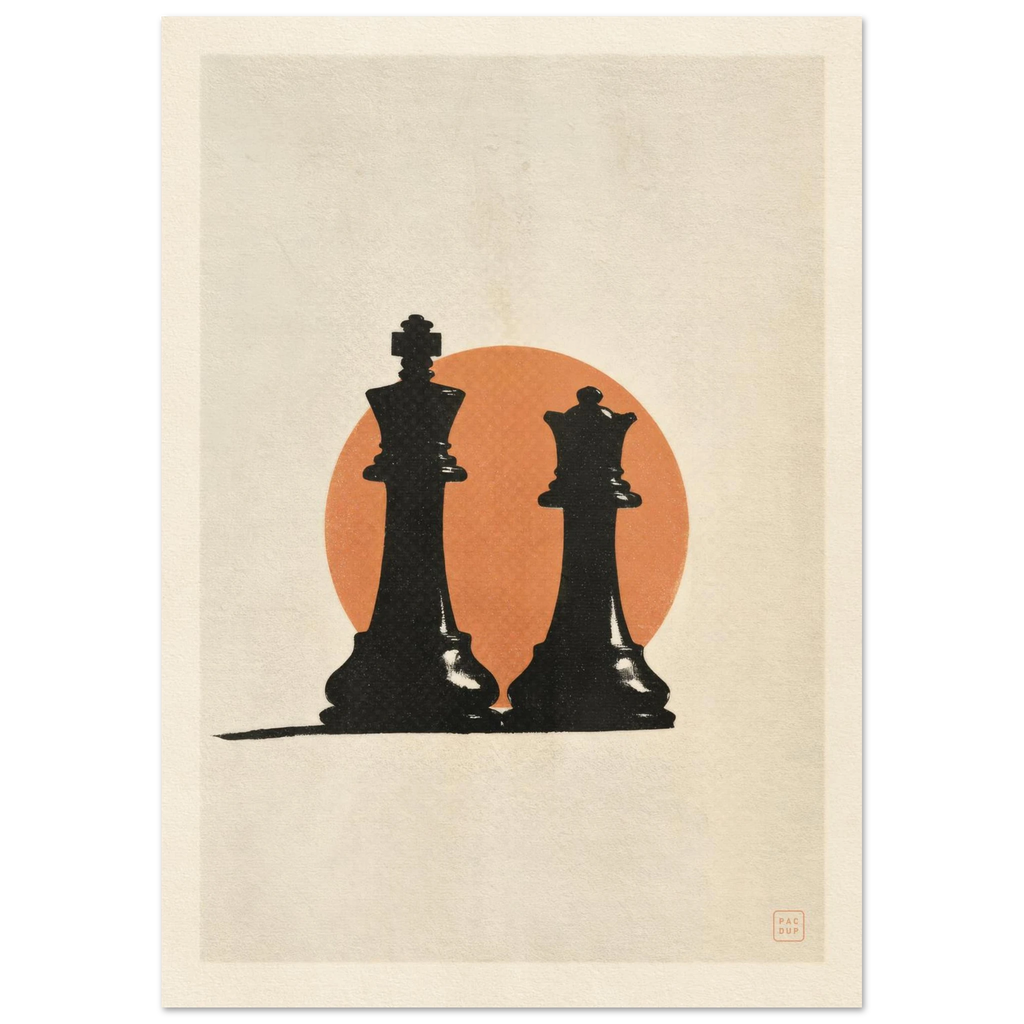 Full view of Sicilian Defence artwork, showing a black chess king and queen before an orange circle on cream.