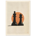 Full view of Sicilian Defence artwork, showing a black chess king and queen before an orange circle on cream.