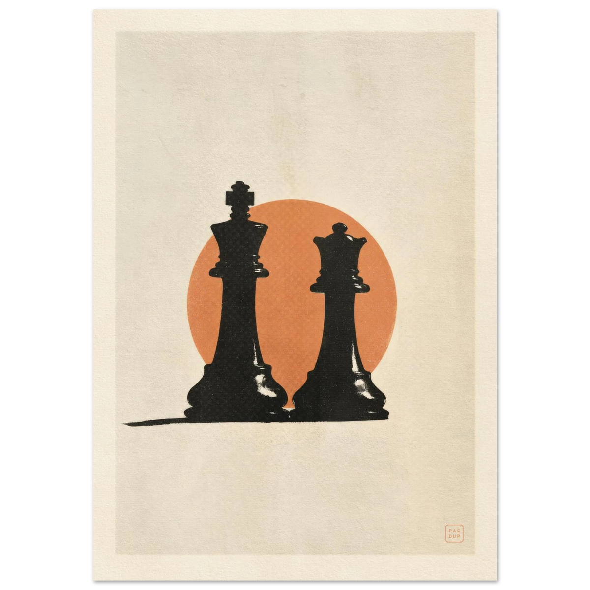 Full view of Sicilian Defence artwork, showing a black chess king and queen before an orange circle on cream.