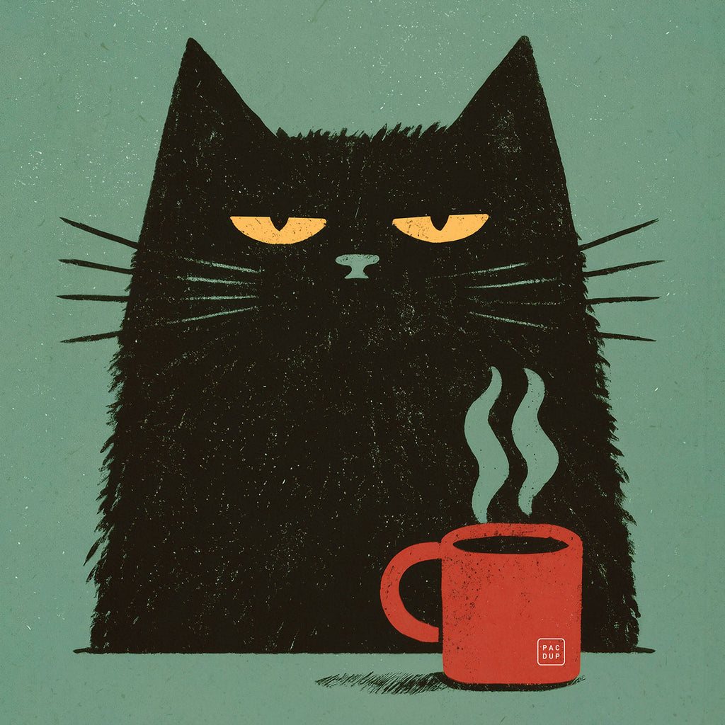 Close-up of Le Chat artwork showing a black cat with half-closed yellow eyes beside a steaming red mug on green.