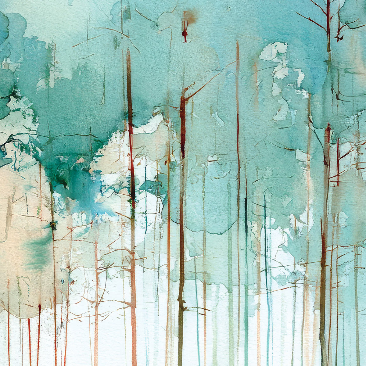 Close-up of slender tree trunks and branches beneath layered pale teal foliage, showing watercolour-style texture.