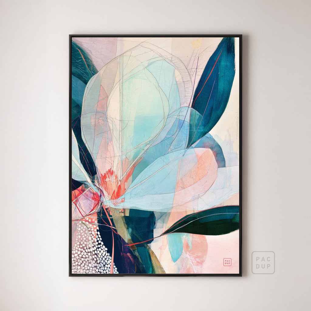 Abstract floral art print with pale blue and pink petals and dark teal leaves, displayed in a black frame.