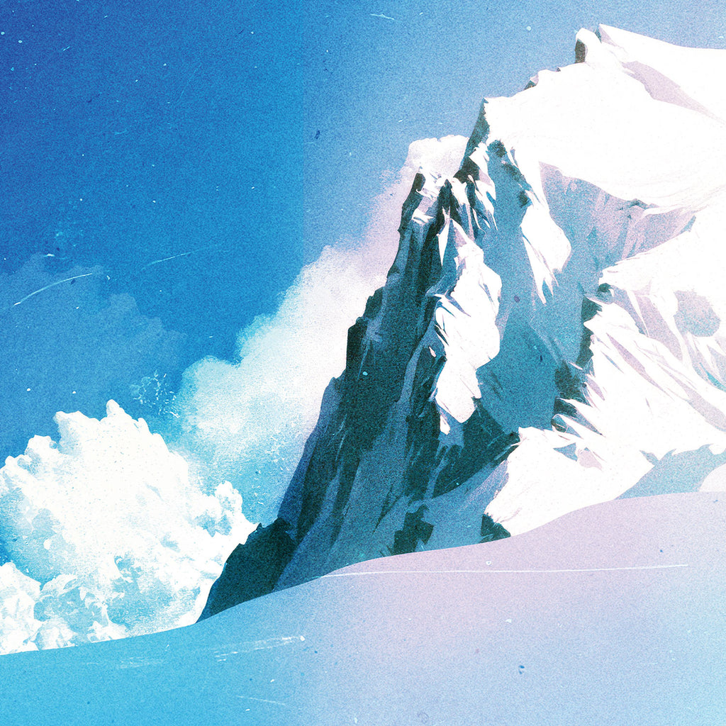 Close-up of Avalanche artwork showing a jagged snowy mountain ridge, deep blue shadows and a billowing snow cloud.