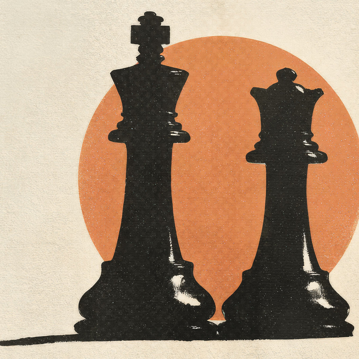 Close-up of black king and queen chess pieces with distressed texture against an orange circle.