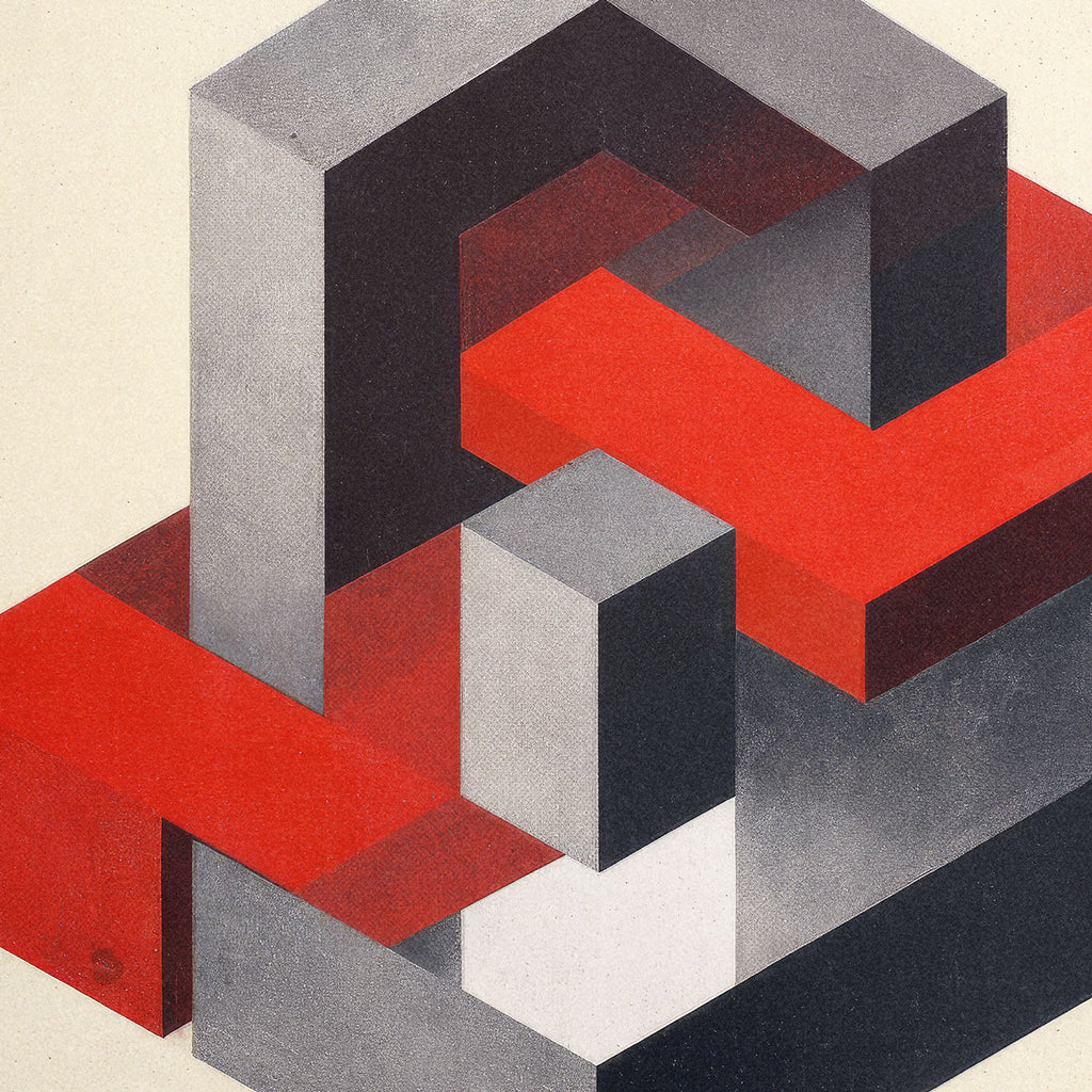 Close-up of interlocking red and grey geometric blocks, showing shaded surfaces and grainy texture.