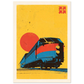 Full view of The Tin Lizard artwork showing a blue and red locomotive, red sun and yellow background within a cream border.