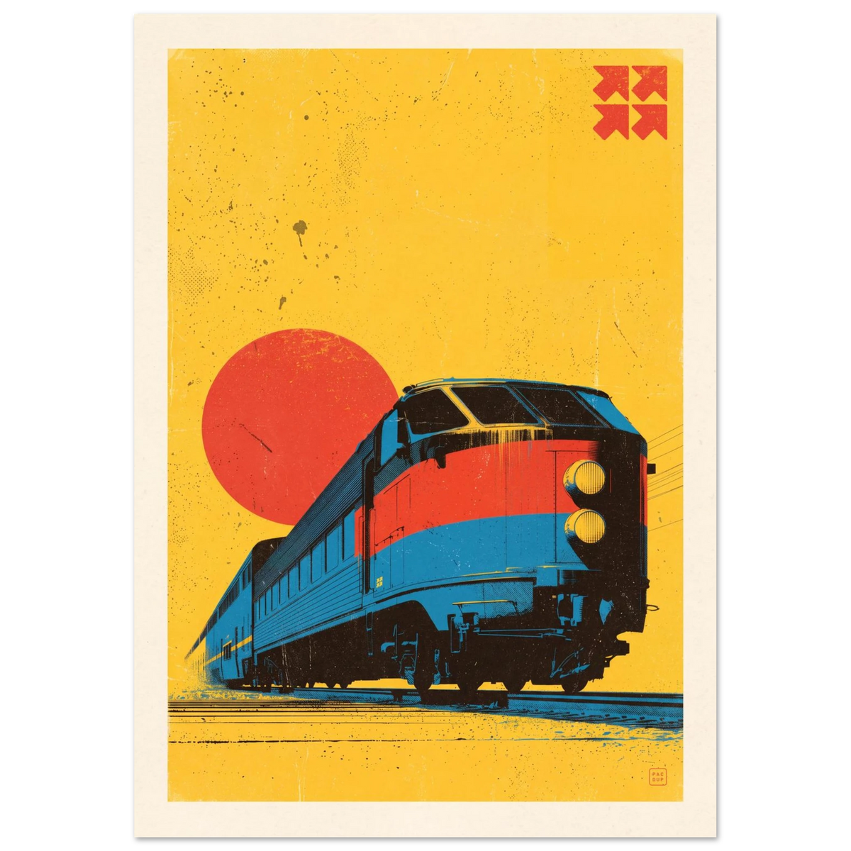 Full view of The Tin Lizard artwork showing a blue and red locomotive, red sun and yellow background within a cream border.