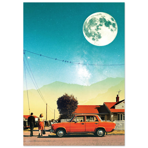 Full 1950s Street artwork with an orange car, couple, suburban houses and birds on a wire beneath an oversized moon.