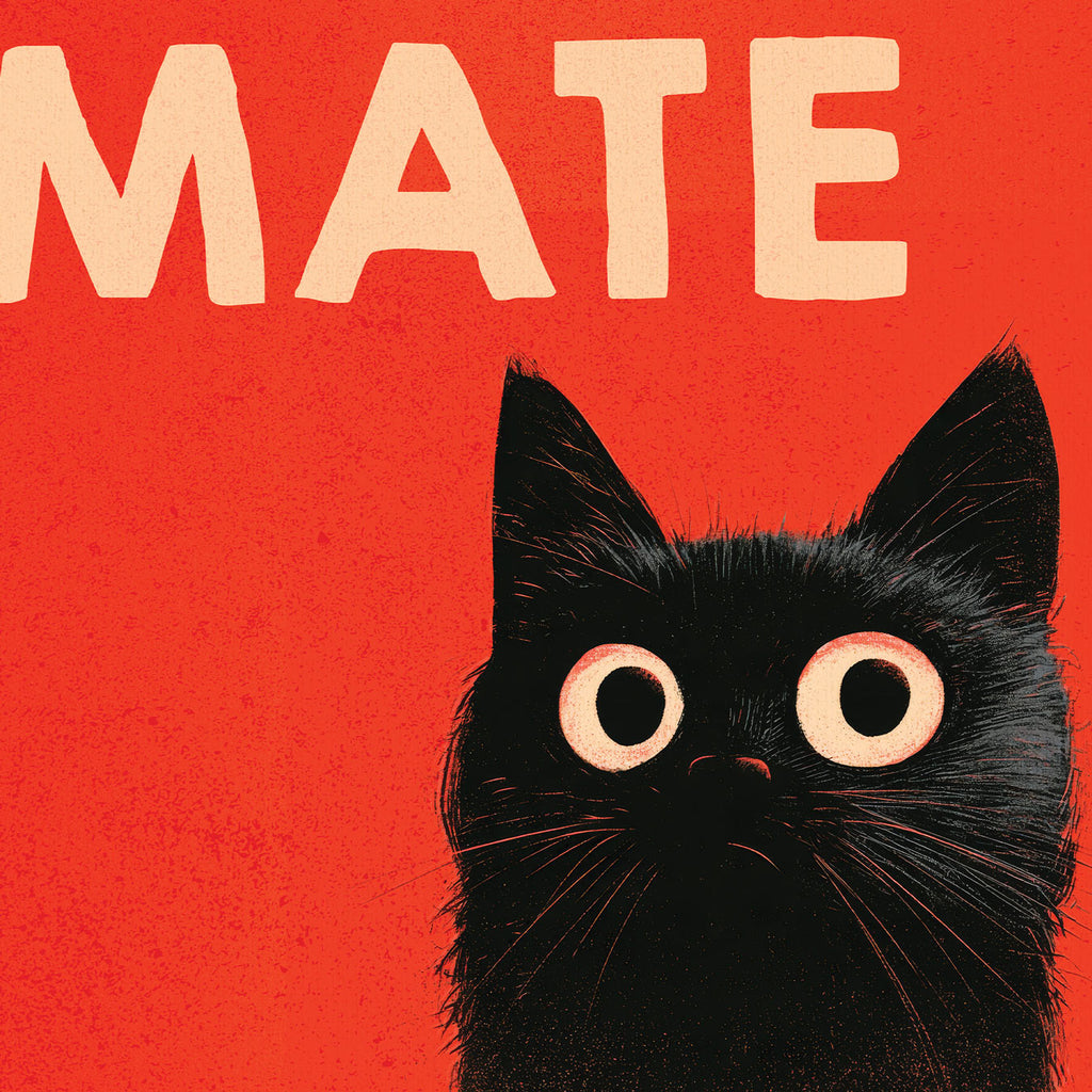 Close-up of the Yeah, OK Mate artwork showing a wide-eyed black cat, cream “MATE” lettering and textured red background.