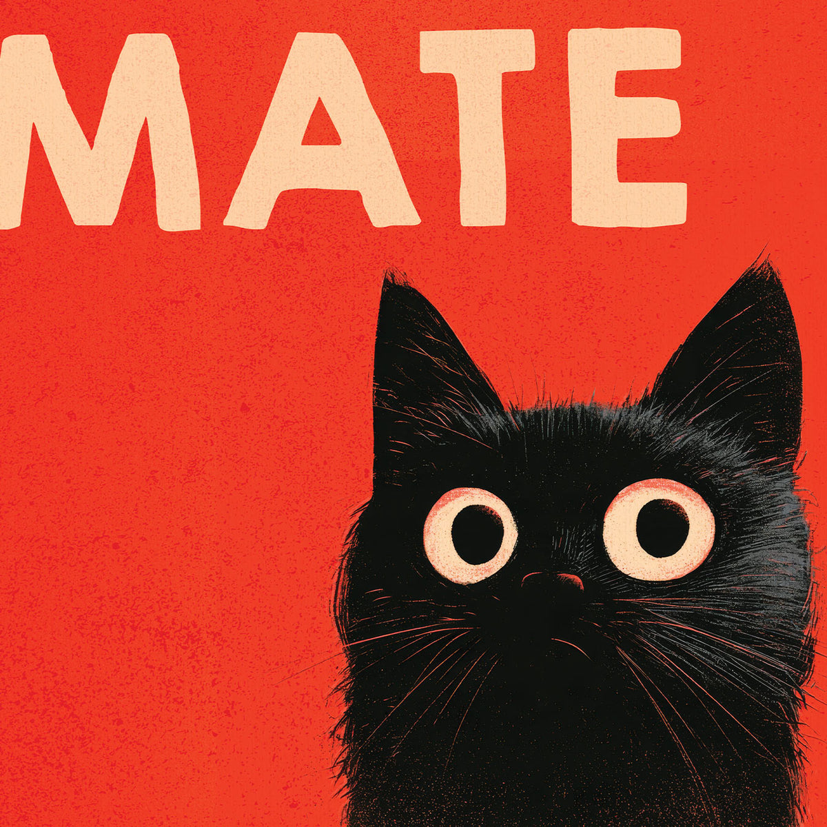 Close-up of the Yeah, OK Mate artwork showing a wide-eyed black cat, cream “MATE” lettering and textured red background.