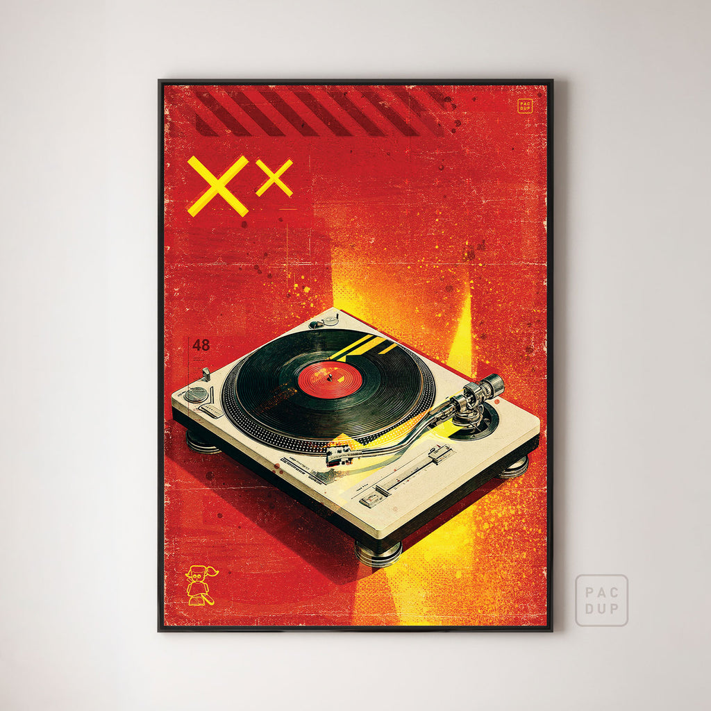 Art print of a cream turntable and black vinyl record against textured red and yellow, displayed in a black frame.