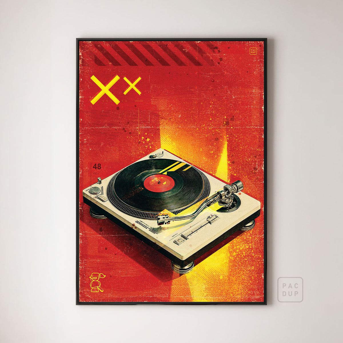 Art print of a cream turntable and black vinyl record against textured red and yellow, displayed in a black frame.