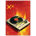 Full view of Red Decks artwork, with a cream turntable, black record and yellow crosses on textured red.