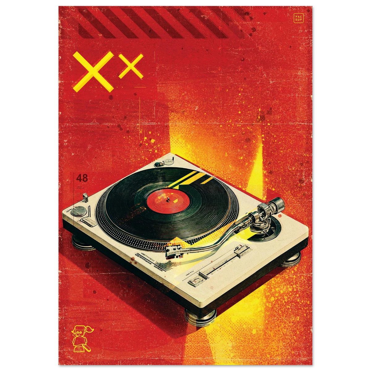 Full view of Red Decks artwork, with a cream turntable, black record and yellow crosses on textured red.