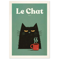 Full view of Le Chat artwork with cream lettering above a black cat and steaming red mug on green, within a cream border.